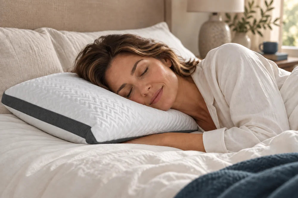 A woman resting on a Geli Pillow with its white chevron cover and charcoal mesh edge