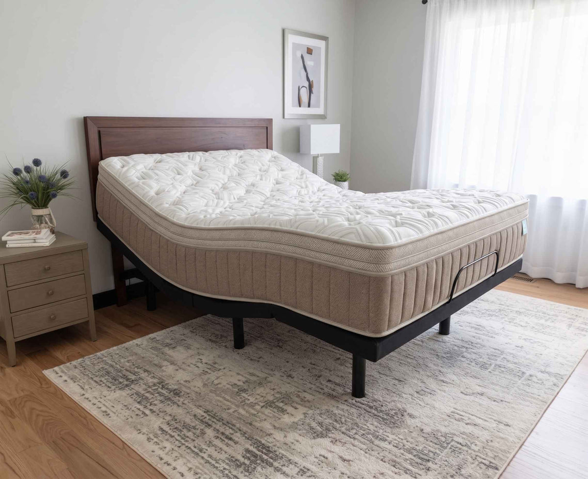 Geli Sova mattress on an adjustable base with the head and foot elevated in a bright modern bedroom.