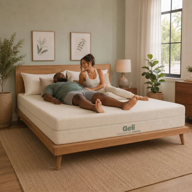 A hand pressing into the Geli Organic by Essentia mattress