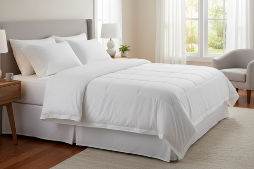 A mattress in a peaceful bedroom with white sheets and comforter.