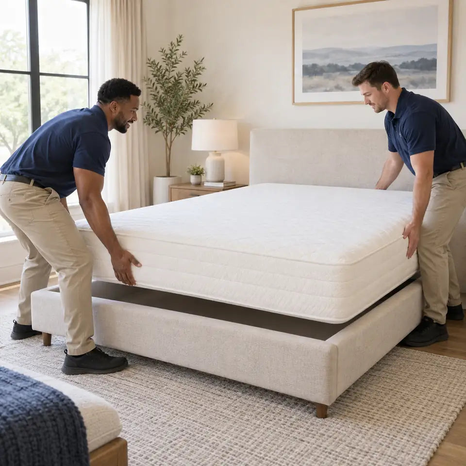 Illustration of two delivery professionals positioning a mattress in a bedroom.