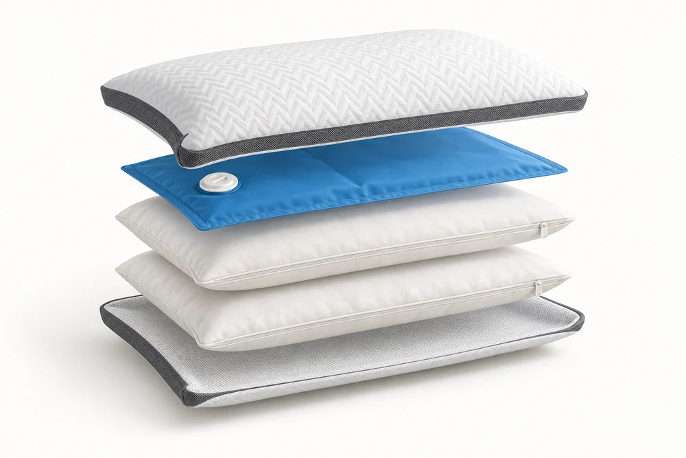 Illustration of the Geli Pillow cover, sealed blue Geli insert and two separate zippered fill inserts