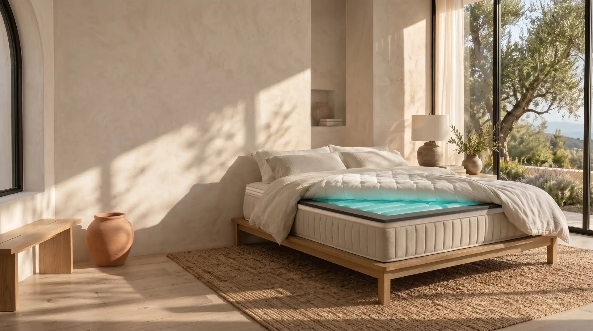 Geli Sova mattress with the cover peeled back to reveal Geli tubes in a sunlit bedroom