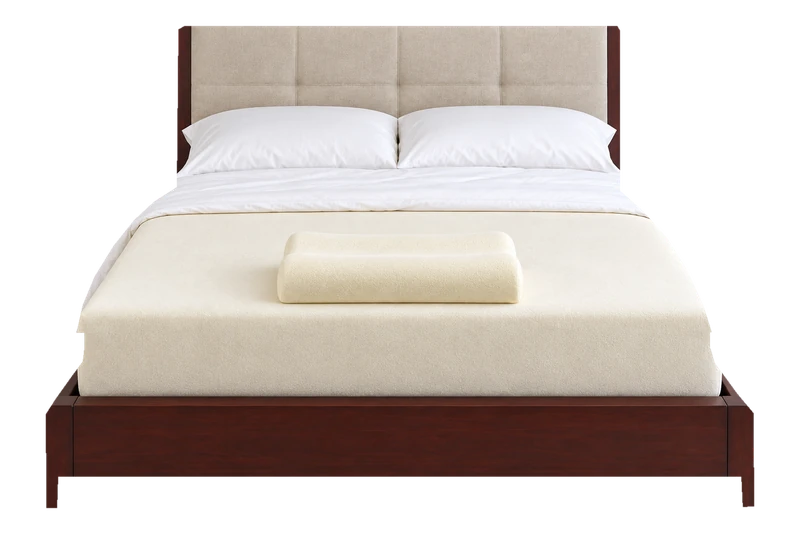 Front-facing cutout of a period-inspired early-2000s memory-foam bed and contour pillow