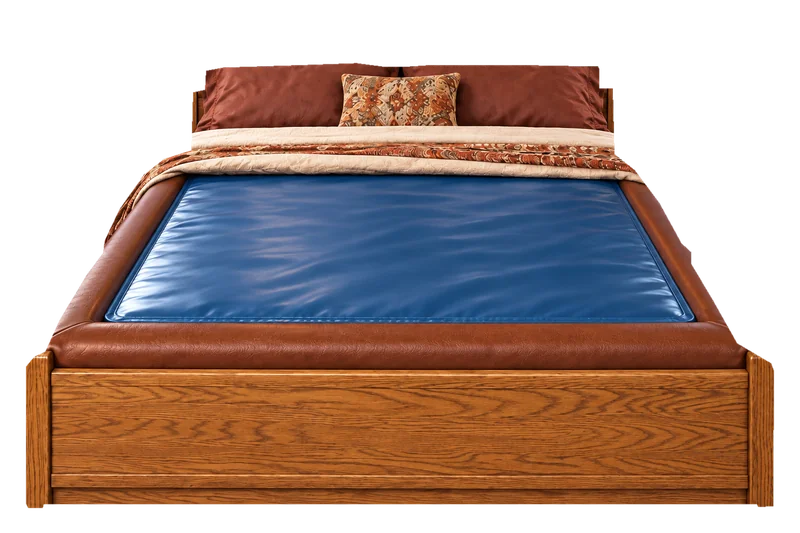 Front-facing cutout of a period-inspired 1980s oak waterbed with a sealed blue vinyl mattress